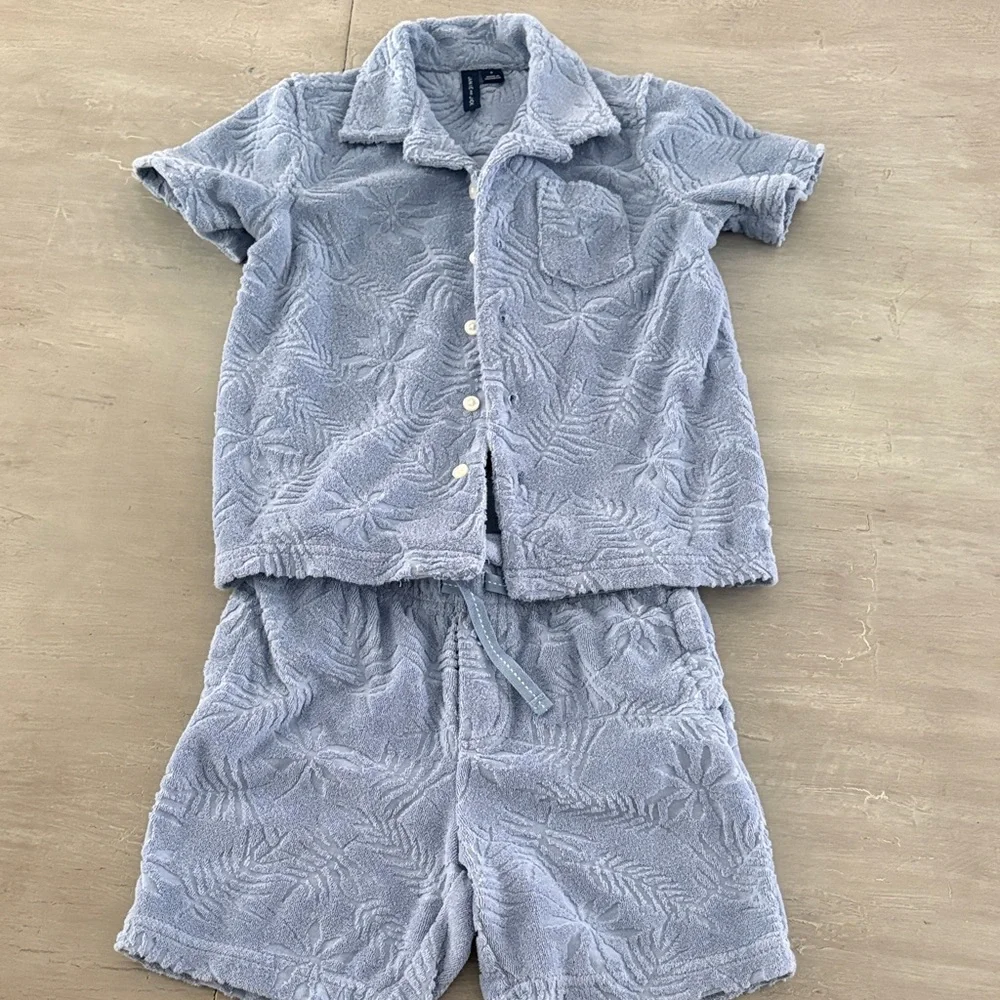 Janie and Jack Terry Shorts Set in Light Blue with Floral Leaf Pattern Size 4 - Picture 1 of 7